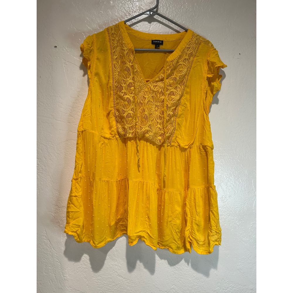 Torrid Yellow Swiss Dot Lace Tiered Babydoll‎ Top Boho Flutter Sleeve Blouse 2X
